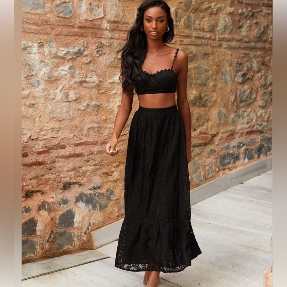 Alamour The Label black lace skirt and cropped top set